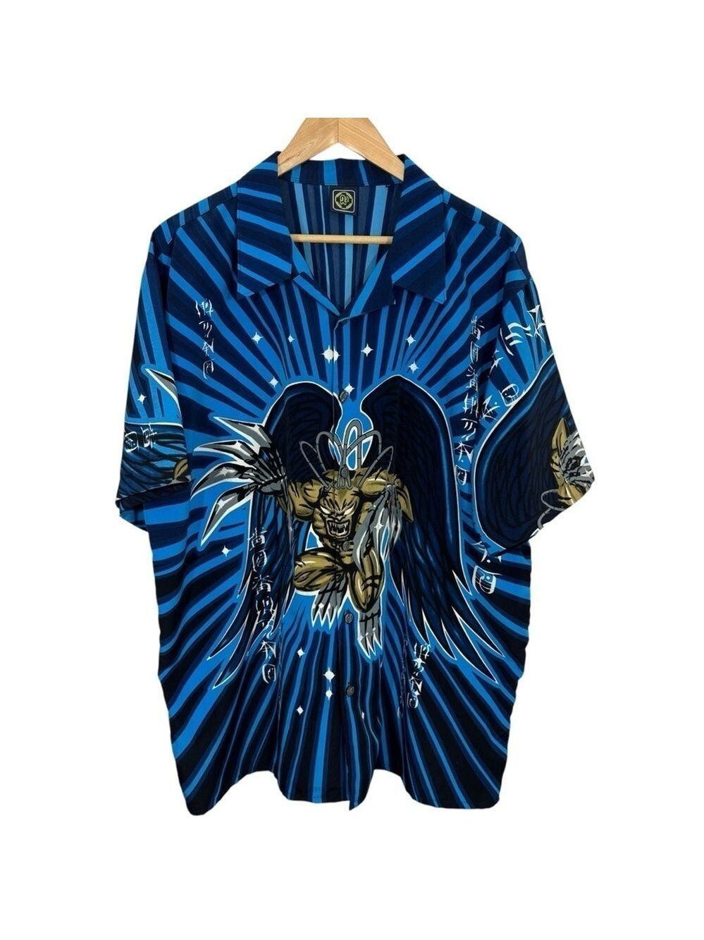 R2 Randy River Y2K Graphic Shirt XL Demon Angel Anime Vibe Button Up Blue NWOT